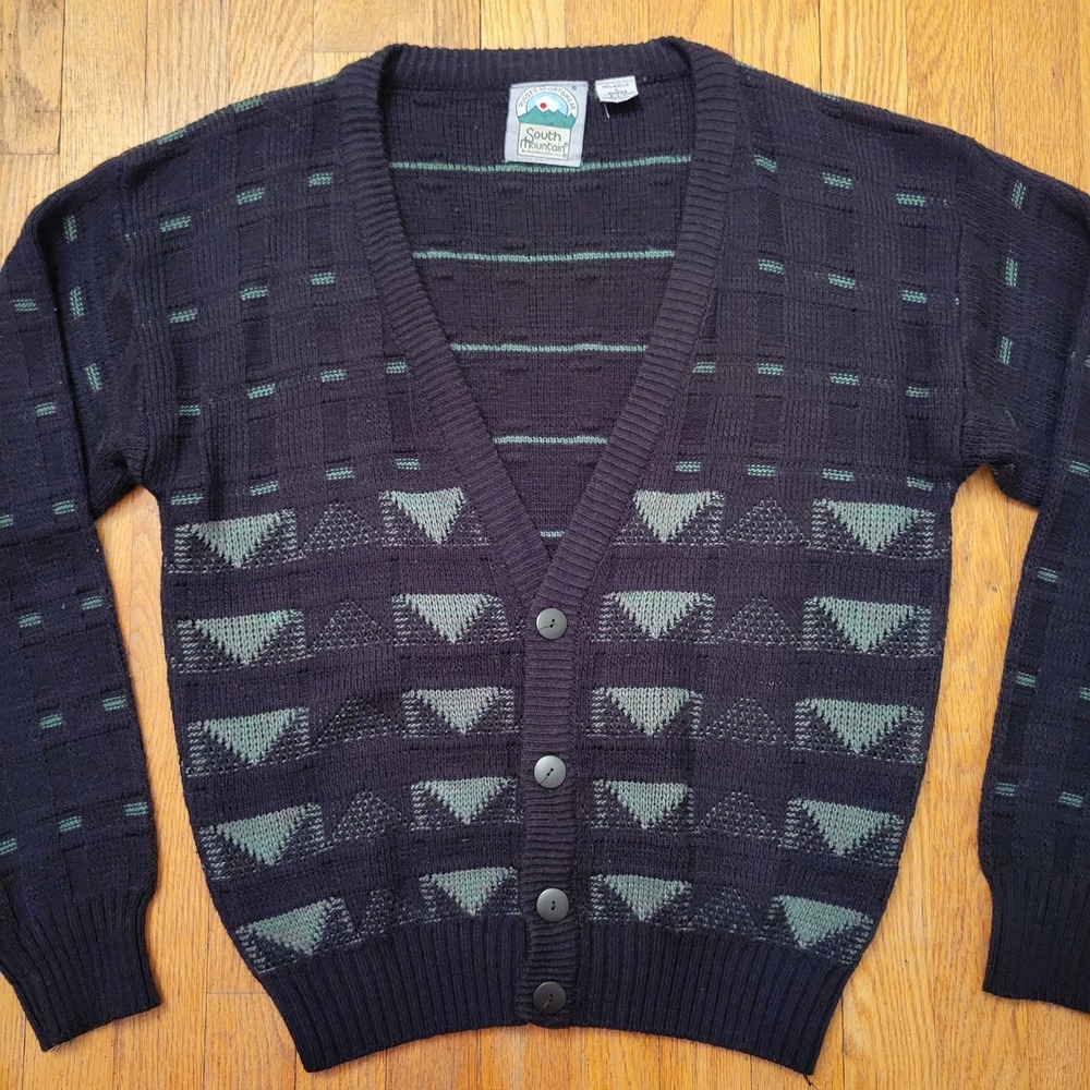 South Mountain L Cardigan Black Green Geometric V Neck Knit Coastal Grandpa - Picture 2 of 4
